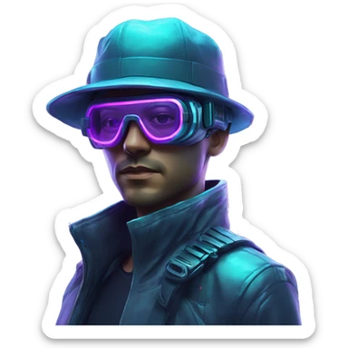 Secret human agent in a hat with  cyberpunk elements in VR googles scanning looking reviewing multicolor lines of code, cyan and purple colors, only upper body portrait sticker