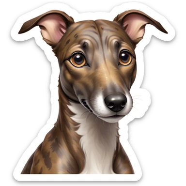 Cinematic Cute Brindle Greyhound Portrait Emoji, Head tilted playfully and inquisitively, featuring a sleek brindle Fur with subtle variations and round, sparkling eyes filled with curiosity, Simplified yet irresistibly adorable features, highly detailed, glowing with a warm, friendly glow, high shine, affectionate and nimble, stylized with a touch of whimsy, bright and endearing, soft glowing outline, capturing the essence of a mischievous yet loving companion, so playful it feels like it could sprint out of the screen and into your arms! sticker