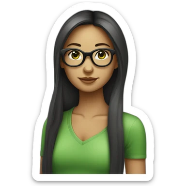 une fille avec de long cheveux noir lisse , des yeux vert , et avec des lunette (en forme de carrer un peu déformé) assez grosse comparer a ça tête sticker