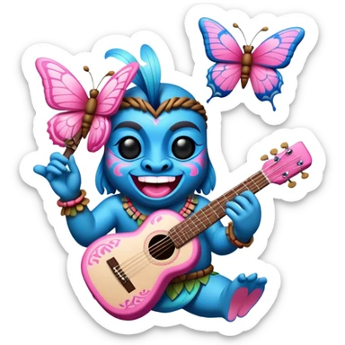 Pixar style little Cartoon Blue and pink tiki singing with a butterfly and playing a guitar, ultra detailed and lifelike imagery sticker