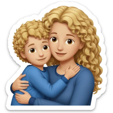 a mother with blond curly long hugging his son with brown hair and like saying its okay sticker