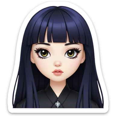straight black long bangs hair, korean pale skin, dark black iris, pretty bratz baddie, black eyeliner sticker