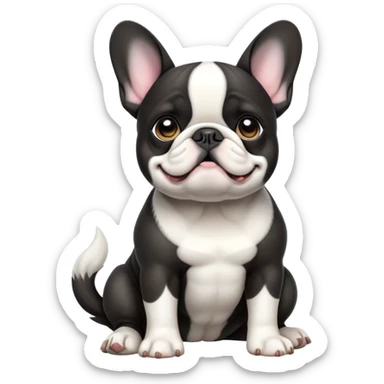 cinematic-[french bulldog]-realistic-full-body-sitting-emoji,-tail-resting-loosely-beside-its-paws,-head-tilted-dramatically,-sleek-[black ant white pied]-fur,-simplified-yet-realistic-focused-features,-highly-detailed,-glowing-with-an-almost-sarcastic-glow sticker