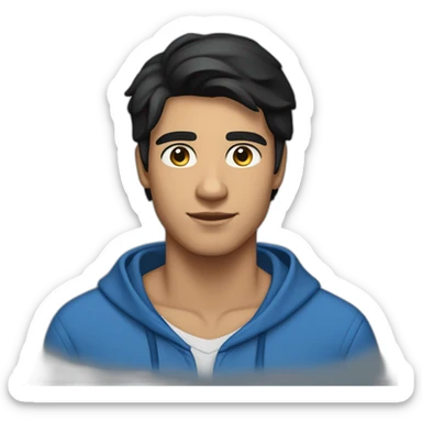 Tan skin with straight black hair and thick eyebrows young handsome adult male wearing a blue hoodie sticker