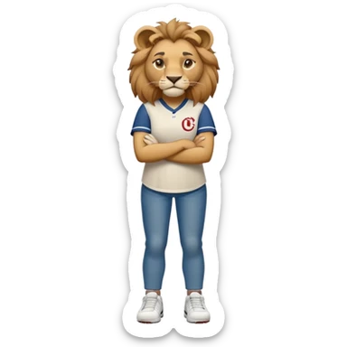friendly anthropomorphised female lion wearing a baseball shirt, jeans, trainers, standing upright with arms folded, looking very determined sticker
