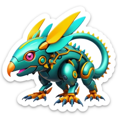 Tropical futuristic lush warm-colored colorful neon cyber-Fakémon-Digimon-Trico-creature sticker