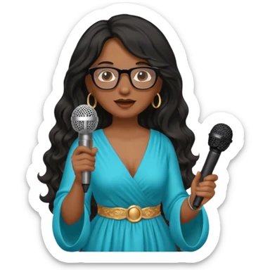 singer, Middle age, long wavy black hair, brown skin, wearing dress, holding mic, glasses sticker