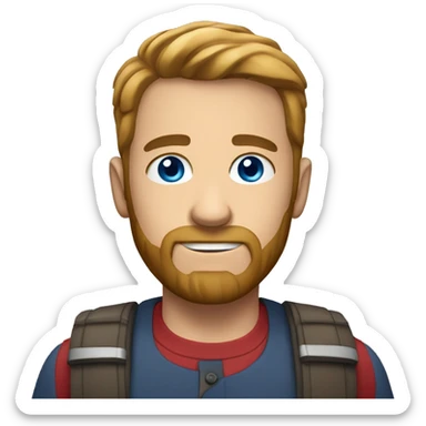 man with short hair short beard blue eyes red shirt sticker