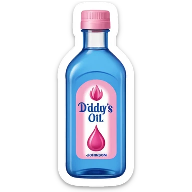 bottle of oil blue top pink outside with logo that says Diddys Oil Johnson and Johnson bottle with a berry on top sticker