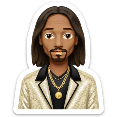 Snoop Dogg with long dark brown hair, ivory sequin jacket, black shirt with necklace sticker