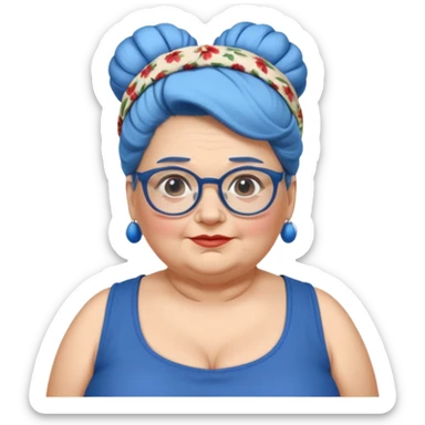 fat old woman with blue big bun hair and glassess and headband sticker