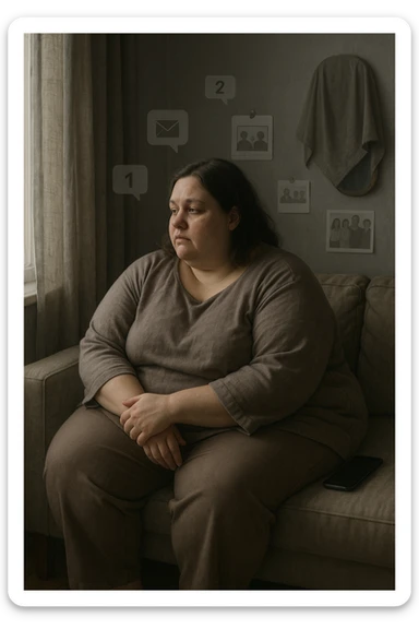 Donna tra i 30 e i 40 anni seduta sola su un divano, con espressione malinconica e corpo visibilmente appesantito. Indossa abiti larghi, avvolgenti, e guarda fuori dalla finestra mentre il telefono è spento o con notifiche ignorate accanto a lei. Sullo sfondo, si notano segnali di vita sociale assente: messaggi non letti, inviti ignorati, foto di gruppo a cui non partecipa. L’atmosfera è silenziosa, con luce grigia e ambiente spento. Intorno a lei, simboli di ritiro e insicurezza: tende chiuse, specchio coperto, postura chiusa. Stile realistico, tono delicato ed emotivo sticker