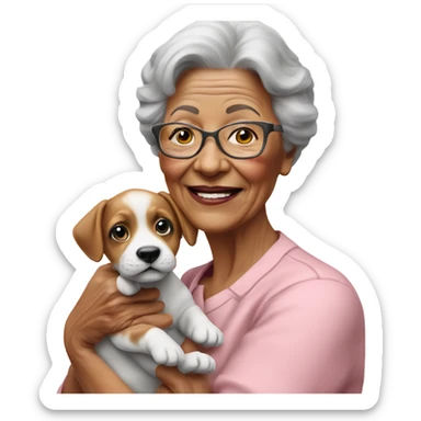 Create a 3d hyper realistic photo of a senior woman holding a puppy  sticker