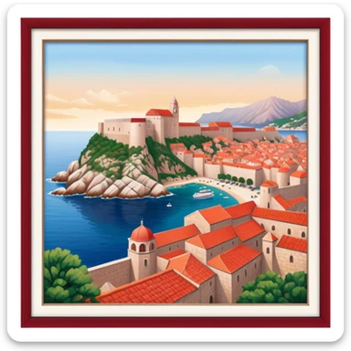 Cinematic Realistic Dubrovnik Landmark Emoji, depicted with historic fortified walls and red‚Äêtiled roofs rendered with intricate detail and dynamic, coastal lighting. sticker