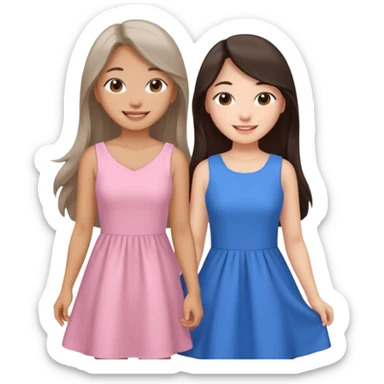 one Korean girl in blue and one white long haired brunette girl in light prink dresses smiling sticker