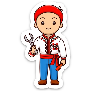 A Ukrainian man wearing traditional white embroidered vyshyvanka shirt holding red scissors in one hand and a spanner/wrench in the other hand sticker