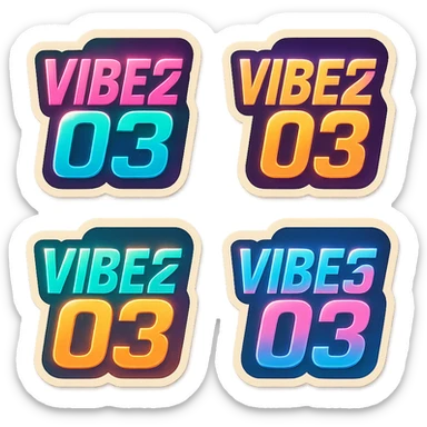 Create four color variations of the VIBE25-03 logo using Miami Vice-inspired pastel palettes: pink/teal, purple/yellow, turquoise/orange, and blue/pink. Add subtle 80's retro effects including gradients, neon glow, and halftone textures. Keep the background transparent. sticker