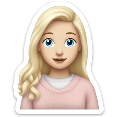 Pretty blue eyed white girl with light pink sweater reading cozy sticker