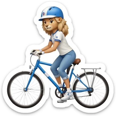 friendly anthropomorphised female lion wearing a baseball shirt, jeans, trainers, and a cycling helmet, cycling a bike sticker