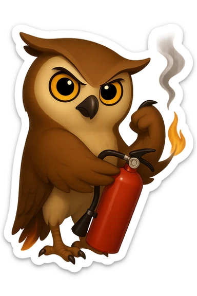 Точно такая же картинка и поза, только в другом крыле сова держит огнетушитель, хвост совы слегка подгорел и от него идет дымок, прозрачный фон sticker