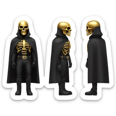 Bounty Hunter Boss with black cape and a perfect gold skull jaw mask from death Stranding, full body front and back sticker