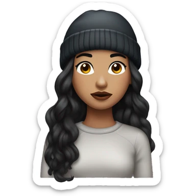 beautiful girl with long flowy black hair and pouty glossy lips wearing winter beanie sticker
