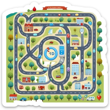journey on a game board about Type 1 diabetes and aging with less roads, less buildings (hospital, places to live, advocacy, physical changes, to share knowledge and ways of coping, energetic with text: T1D to 100 and subtext Aging with Type 1 diabetes, easy for seniors to see sticker