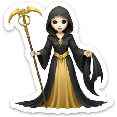feminine grim reaper in a gold with scythe sticker