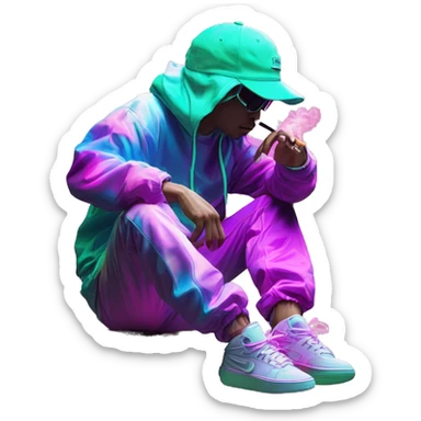 Multicoloured neon Vaporwave person smoking wearing hoodie dancing hip hop bucket hat tropical Skater fashion aesthetic baggy clothes graphic t shirt 420 sticker