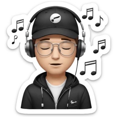 dj man white with baseball cap - rayban glasses - brown hair - closed eyes with headphones on with musical note over head (listening to music ) - eyes closed no glasses - black hat  musical notes floating around head sticker