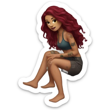 Beautiful tattooed woman long burgundy hair climbing rocks sticker