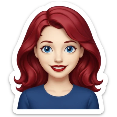 Create a custom emoji-style character inspired by a smiling woman with medium length, wavy dark red hair, light skin tone, and dark blue eyes. Emphasize a mischievous expression with a bright smile. sticker