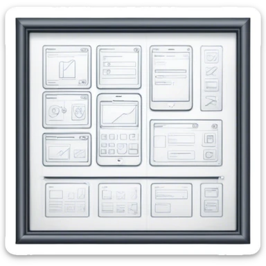 Create an emoji for UX/UI design. Show wireframe sketches or design mockups with interface elements like buttons, sliders, and icons, symbolizing the design process. Use modern, professional colors. Do not include any emojis or smiley faces. Make the background transparent. sticker