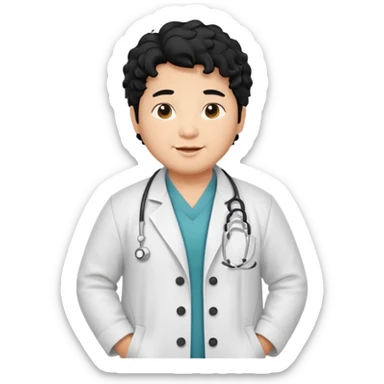 a young asian chubby male doctor with very black long curly hair and cheerful face without gpasses sticker