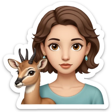 A girl with short wavy brown hair reaching her shoulders, straight eyebrows, big brown eyes, slightly kohled with long eyelashes, a normal nose, a normal mouth, and I want her holding a small gazelle and wearing delicate earrings.  sticker