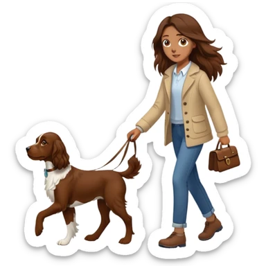 A girl with long brown hair walks a brown springer spaniel sticker