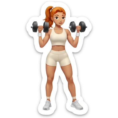 Ginger gym girl standing sideways with dumbbells and cream athleisure clothes sticker