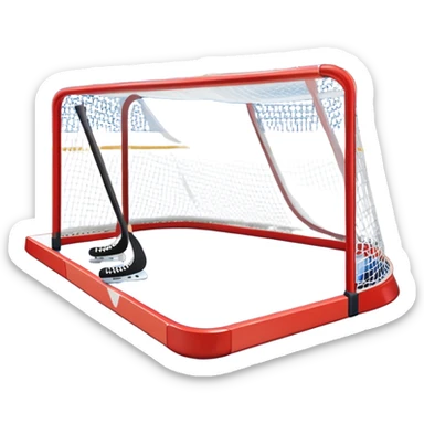 An icon showing a hockey stick, puck, skates, and goalposts on the ice. The background features a large hockey stadium with cheering fans, bright lights, and a snowy landscape visible through the arena. Transparent background highlights the main hockey equipment and atmosphere. sticker