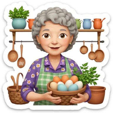 cheerful elderly rural woman, chubby cheeks, short curly gray hair, floral blouse, colorful apron, holding basket of eggs and herbs, pastel tones, expressive eyes, Chilean rural kitchen with clay pots, warm inviting lighting, clean vector look sticker