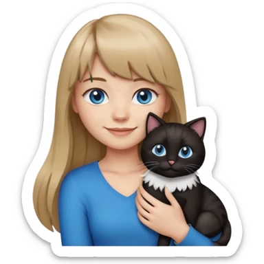 Apple-style emoji sticker of a young woman with long dark blond hair and bangs, blue eyes , holding a black-and-white cat on her chest, both smiling.  sticker