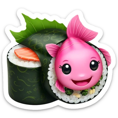Cute Kawaii Maki Sushi Roll, small and round, wrapped in soft dark green seaweed, tiny grains of rice peeking out, a bright pink fish filling, a cheerful smiling face! sticker