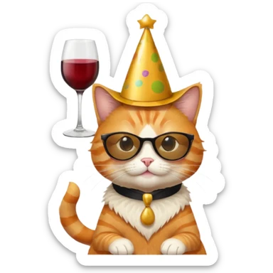 happy cat with a huge gold birthday hat, black sunglasses, and a wine glass sticker