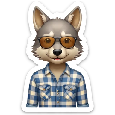 head and shoulders friendly anthropomorphised wolf in plaid shirt and jeans, wearing dark sunglasses, upright pose sticker