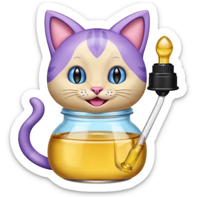 Smiling bottle of oil light purple top and light blue sticking tongue out and with cat ears sticker