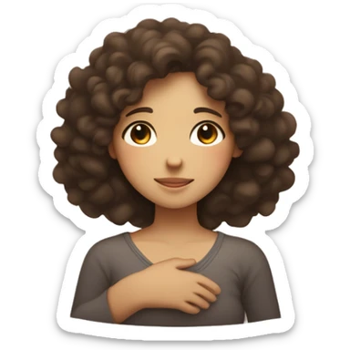 “Minimalist figure of a brunette girl with curly hair hugging herself, arms crossed over her chest. Her face shows closed eyes and a gentle smile, with a glowing circle at her chest symbolizing love and healing.” sticker