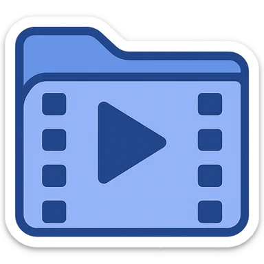 Create a video folder icon in flat blue clip art style using three blue shades from the palette. The icon should be minimal with a folder shape featuring a play button and filmstrip details. No text. Match the style of previous blue folder icons shown in the references. sticker
