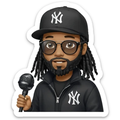 African American man with beardwith shoulder length black dreadlocks wearing black sunglasses with black bubble winter coat wearing black New York Yankees baseball hat rapping into a microphone sticker