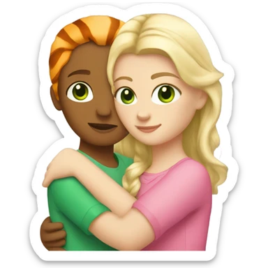 A blonde white girl with green eyes in pink hugs an orange tiger sticker