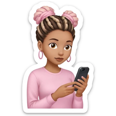Dark brown woman wearing a light pink shirt and dreadlocks in bun texting on a Light pink phone sticker