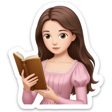  white long brunette hair girl with hazel eyes in light pink reading Pride and Prejudice sticker